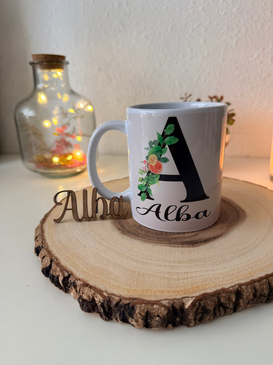 Taza Personalizada con Inicial y Nombre – Diseño Floral Elegante