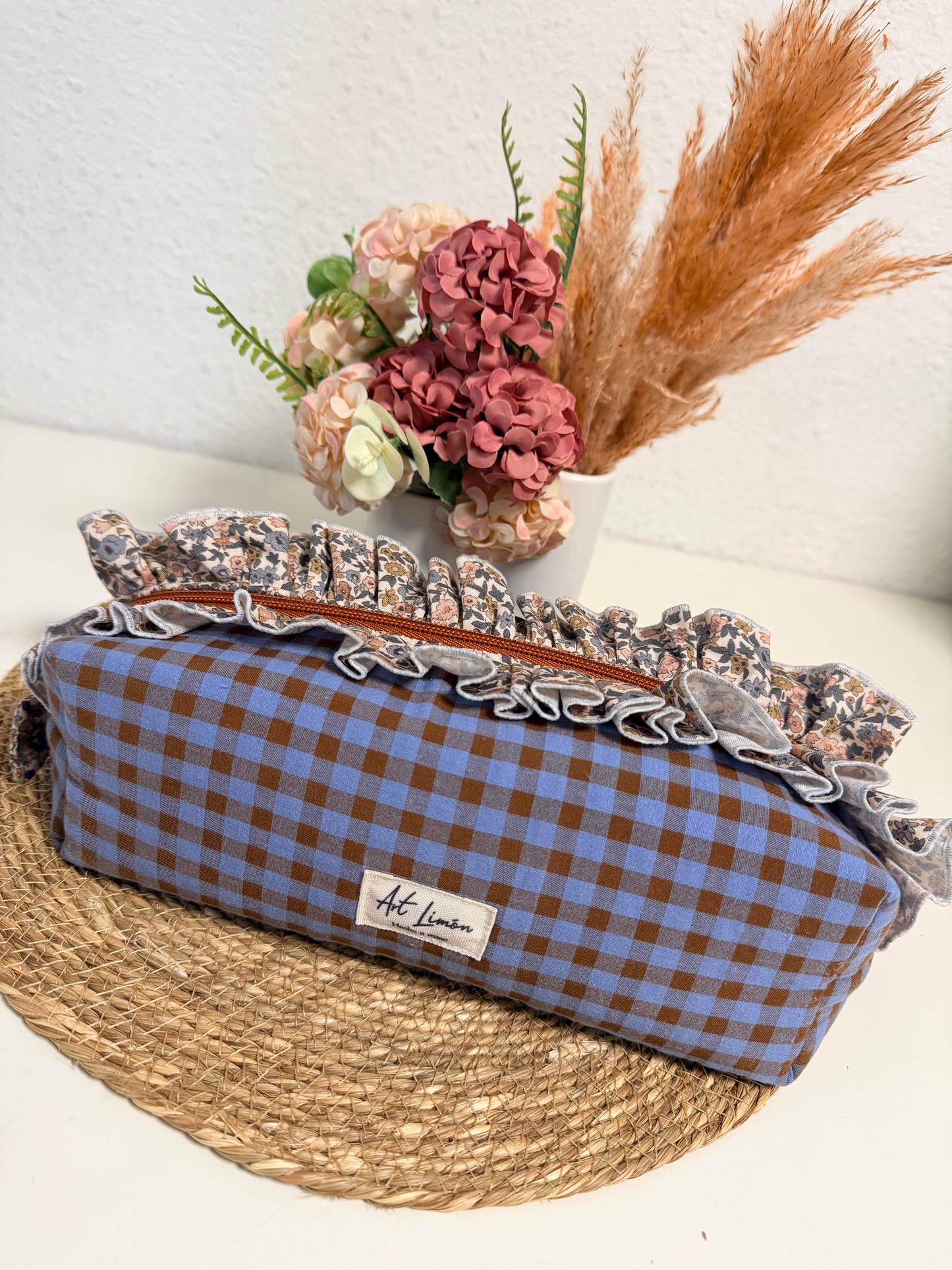 Neceser XL Vichy Azul y Marrón con volante