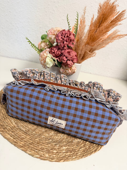 Neceser XL Vichy Azul y Marrón con volante