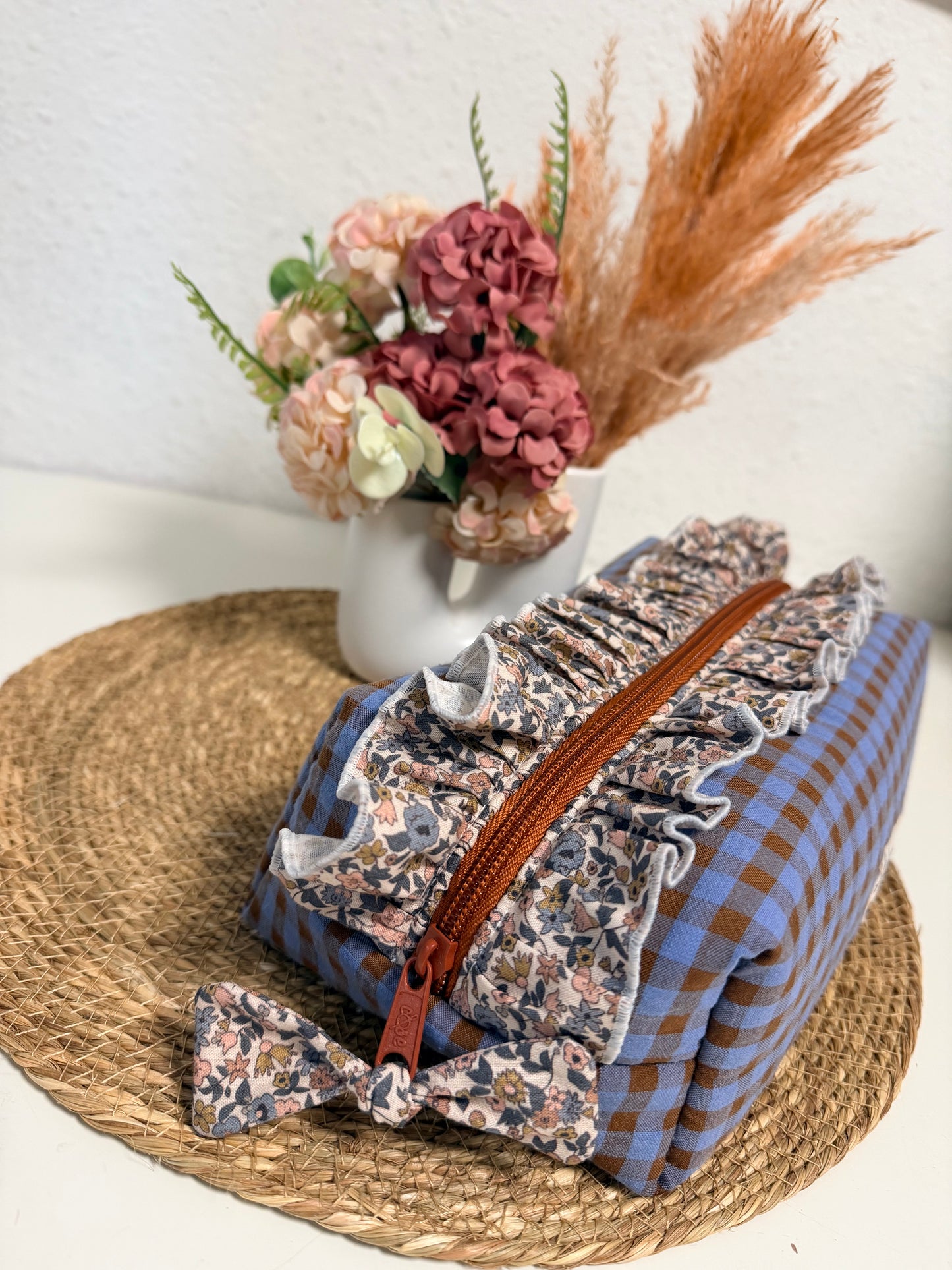 Neceser XL Vichy Azul y Marrón con volante