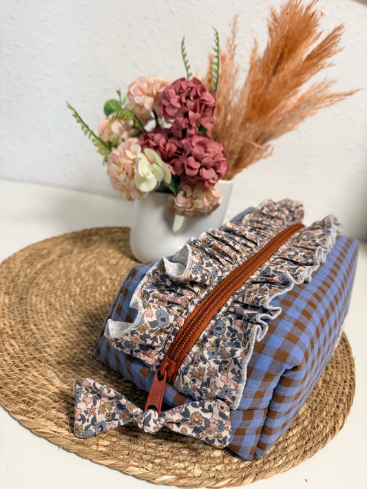 Neceser XL Vichy Azul y Marrón con volante